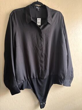 Express Portofino Black Long-Sleeve Button-Front Bodysuit Shirt